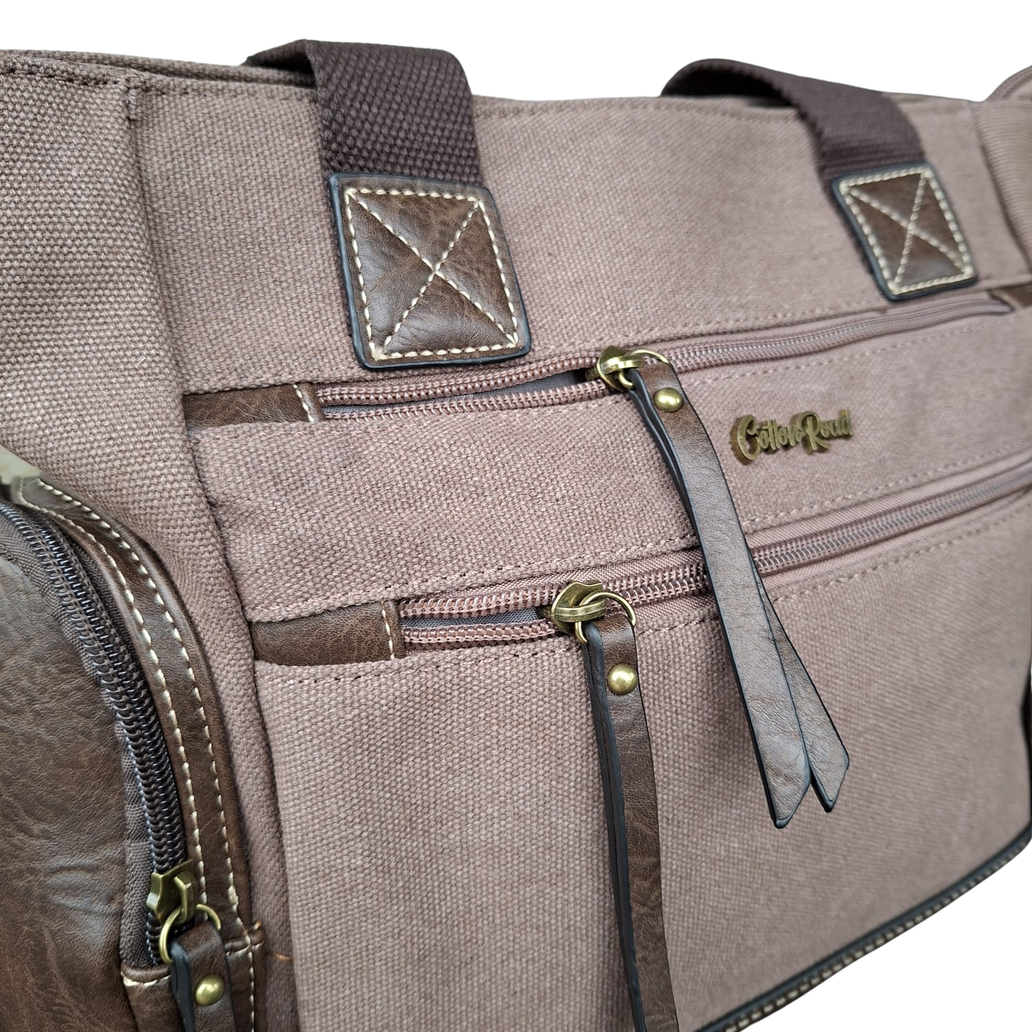 Cotton Road Handbag: COFFEE BROWN Canvas & PU Leather Multi-pocket Shoulder Bag DETAIL