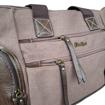 Cotton Road Handbag: COFFEE BROWN Canvas & PU Leather Multi-pocket Shoulder Bag DETAIL