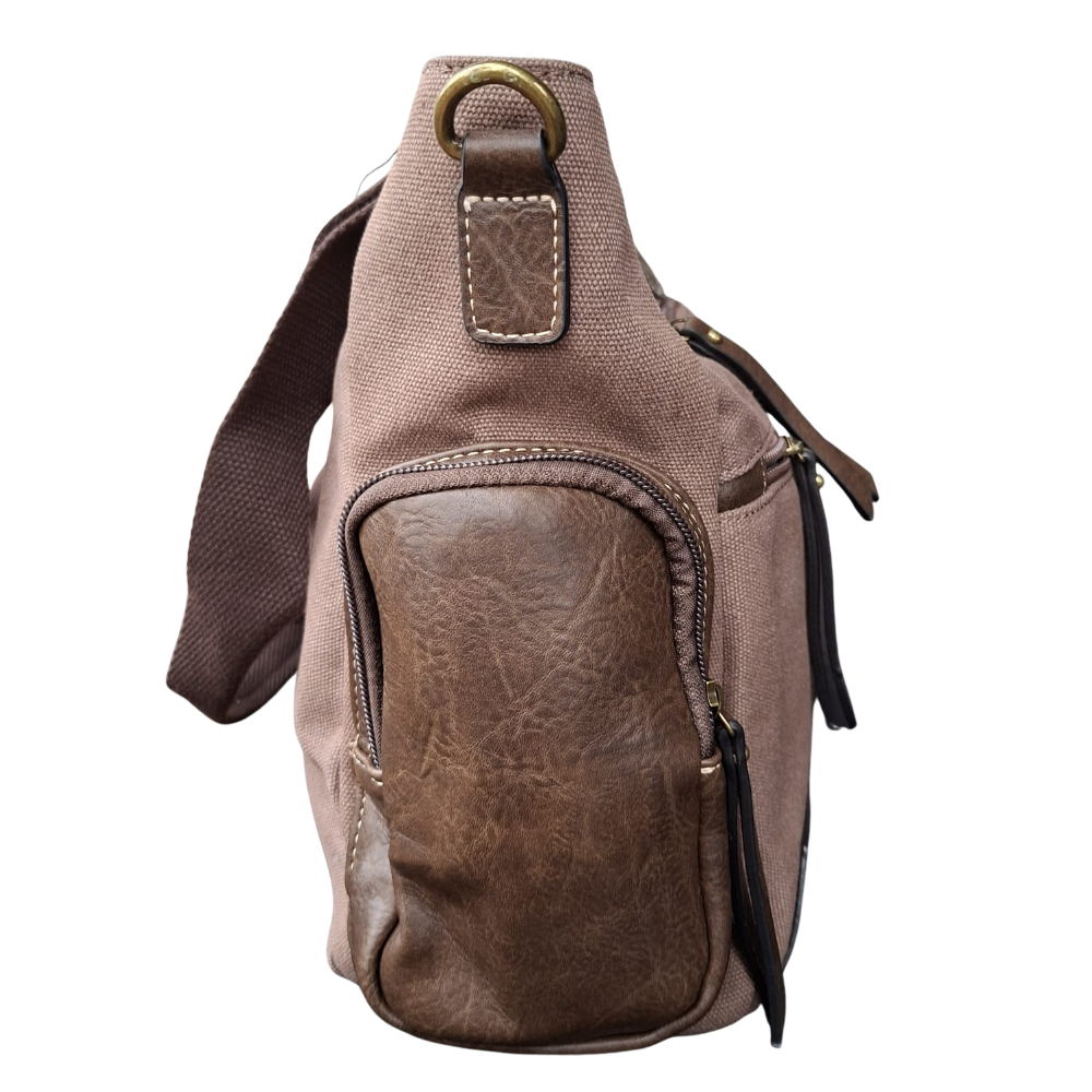 Cotton Road Handbag: COFFEE BROWN Canvas & PU Leather Multi-pocket Shoulder Bag SIDE POCKET DETAIL