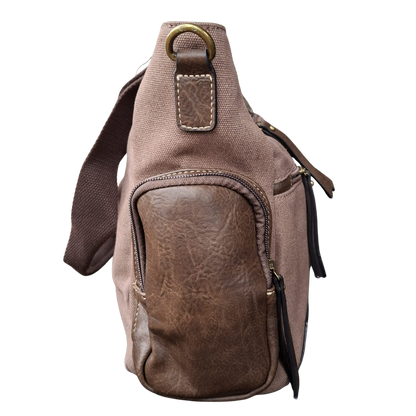 Cotton Road Handbag: COFFEE BROWN Canvas & PU Leather Multi-pocket Shoulder Bag SIDE POCKET DETAIL