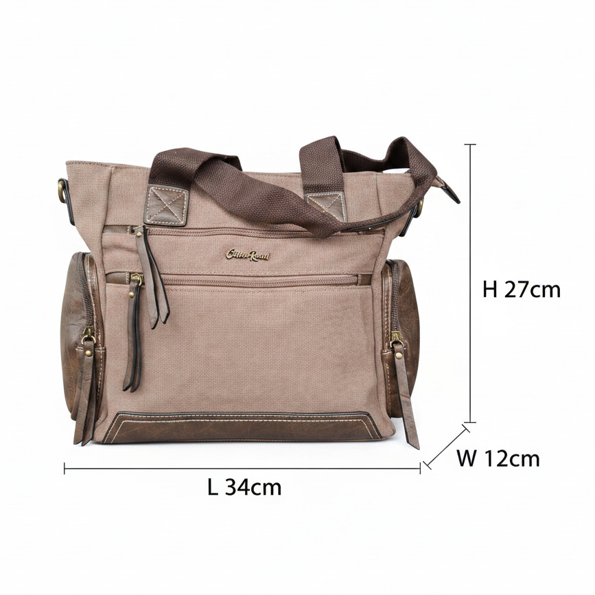 Cotton Road Handbag: COFFEE BROWN Canvas & PU Leather Multi-pocket Shoulder Bag SIZE