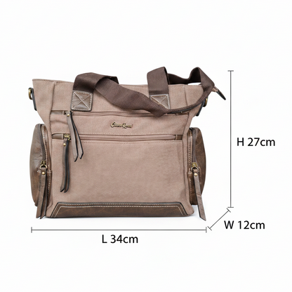 Cotton Road Handbag: COFFEE BROWN Canvas & PU Leather Multi-pocket Shoulder Bag SIZE