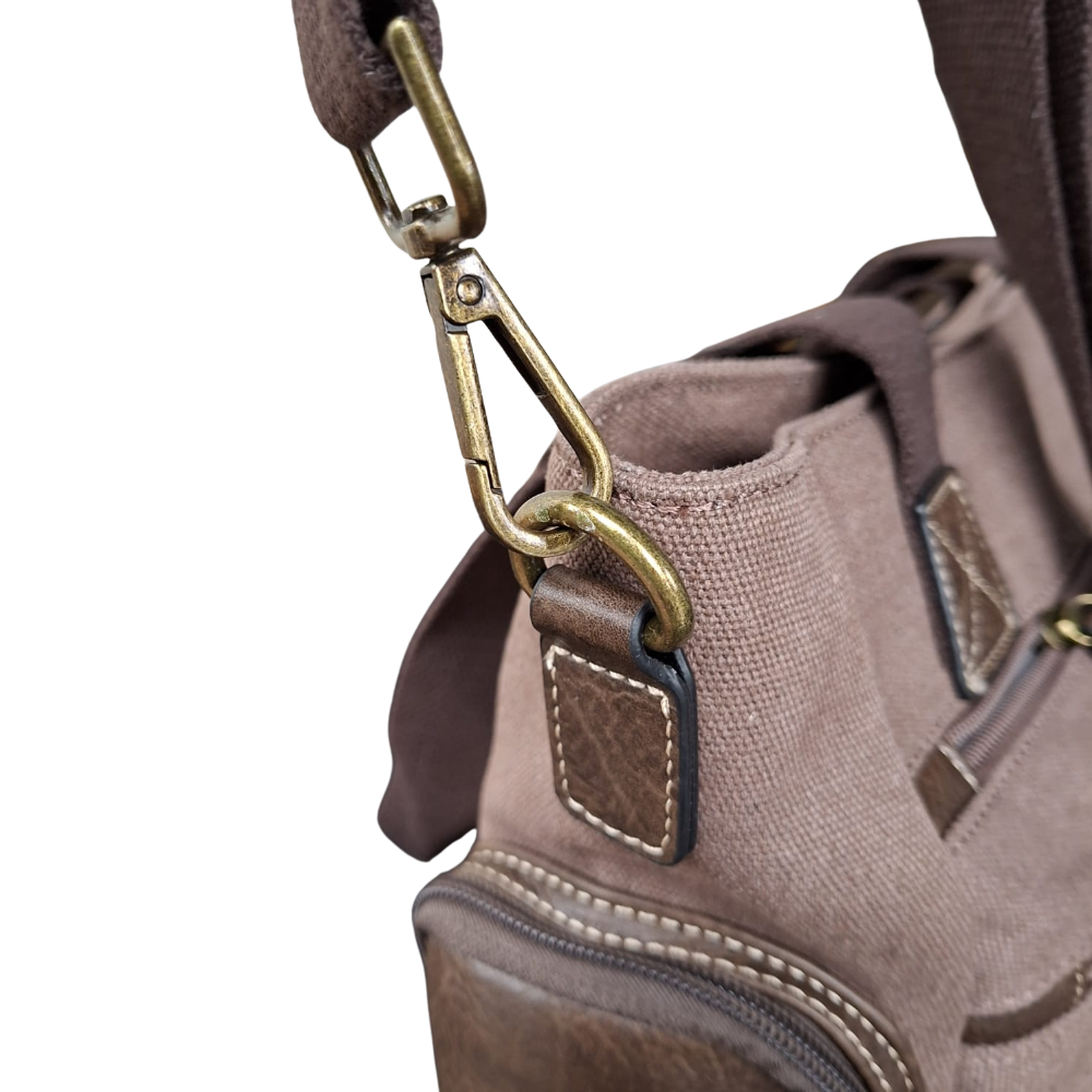 Cotton Road Handbag: COFFEE BROWN Canvas & PU Leather Multi-pocket Shoulder Bag STRAP CONNECTION DETAIL