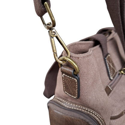 Cotton Road Handbag: COFFEE BROWN Canvas & PU Leather Multi-pocket Shoulder Bag STRAP CONNECTION DETAIL