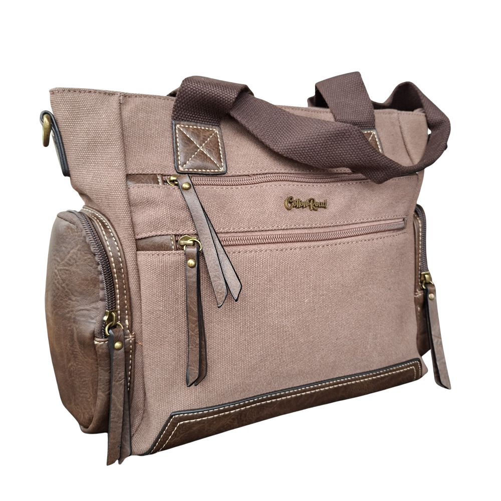 Cotton Road Handbag: COFFEE BROWN Canvas & PU Leather Multi-pocket Shoulder Bag VIEW