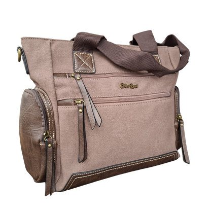 Cotton Road Handbag: COFFEE BROWN Canvas & PU Leather Multi-pocket Shoulder Bag VIEW