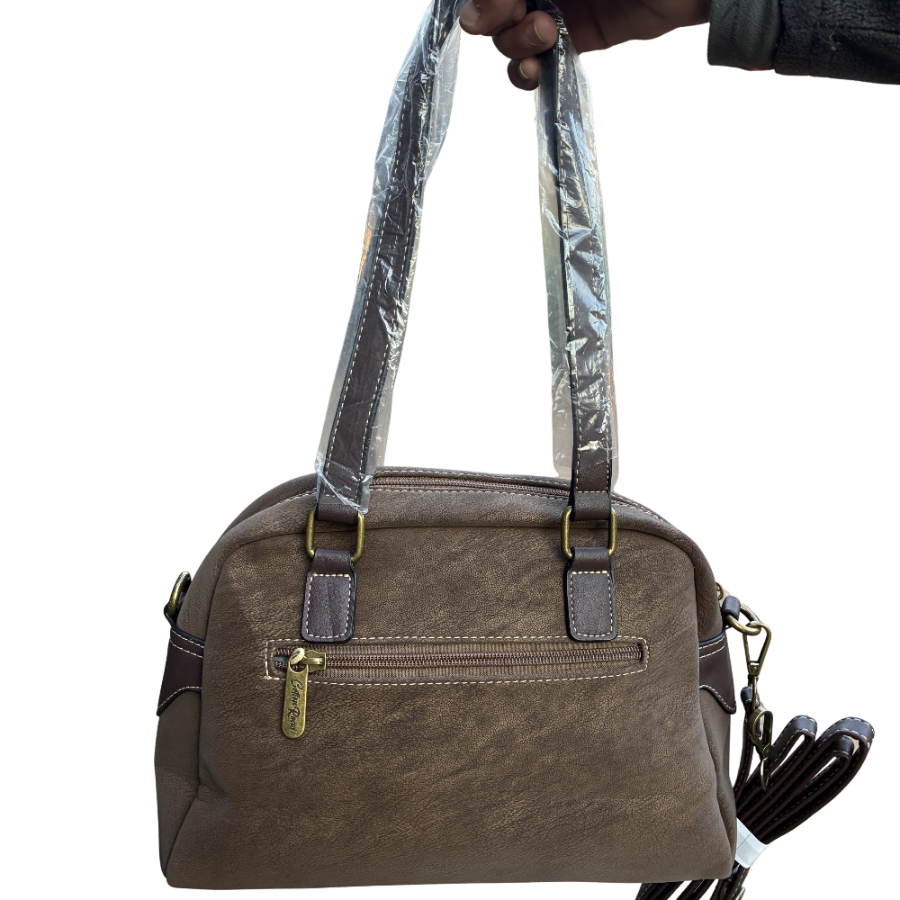Cotton Road Handbag: COFFEE BROWN PU Leather Dome Shoulder Bag with Black Trim BACK