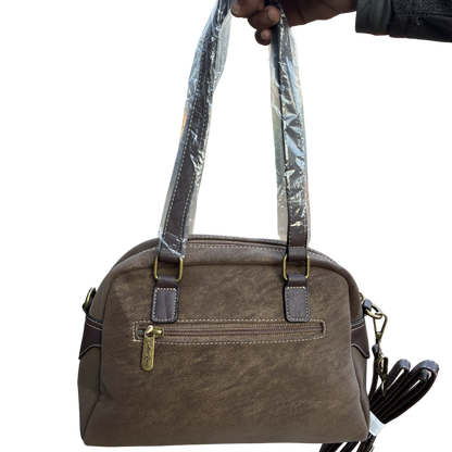 Cotton Road Handbag: COFFEE BROWN PU Leather Dome Shoulder Bag with Black Trim BACK