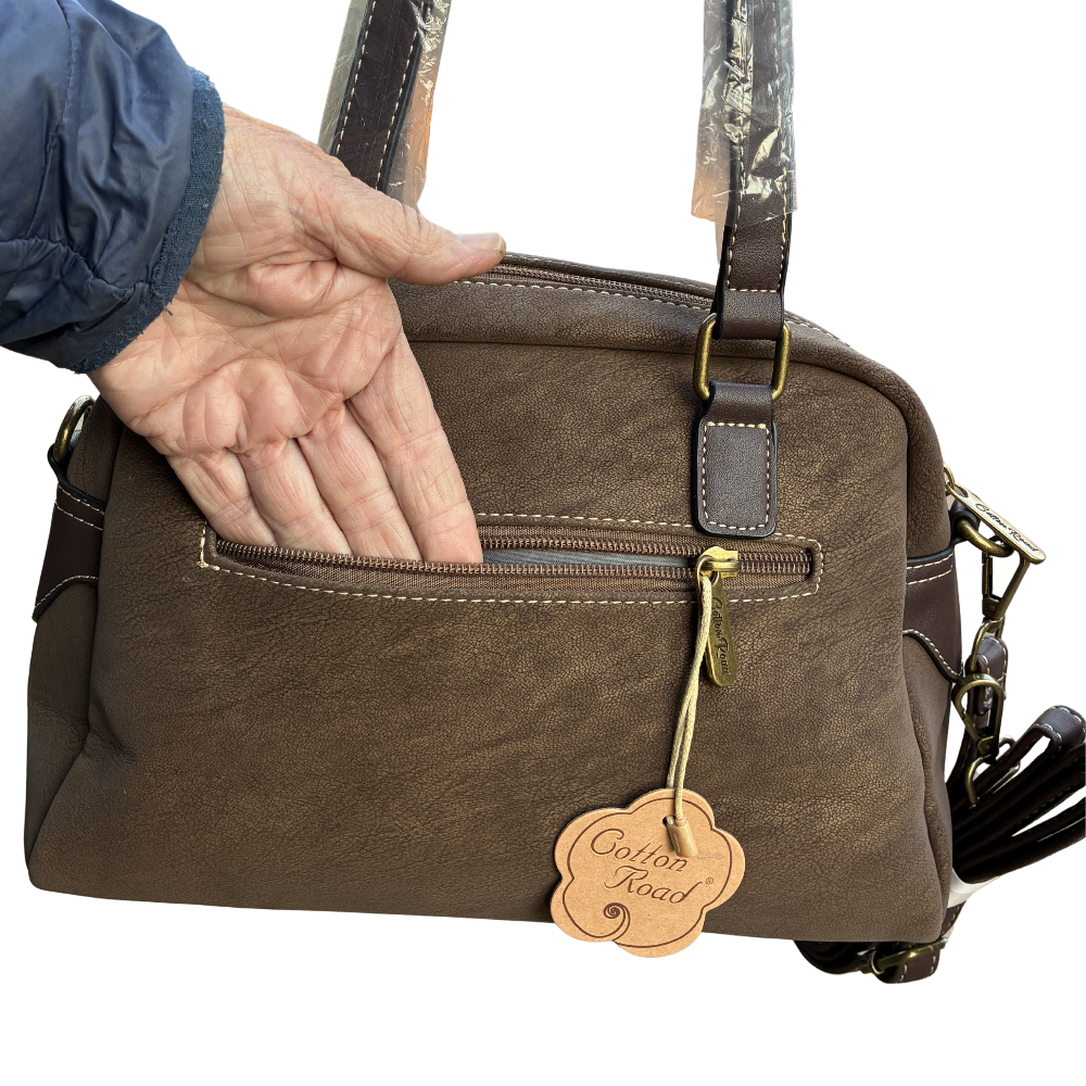 Cotton Road Handbag: COFFEE BROWN PU Leather Dome Shoulder Bag with Black Trim BACK POCKET