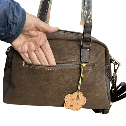 Cotton Road Handbag: COFFEE BROWN PU Leather Dome Shoulder Bag with Black Trim BACK POCKET