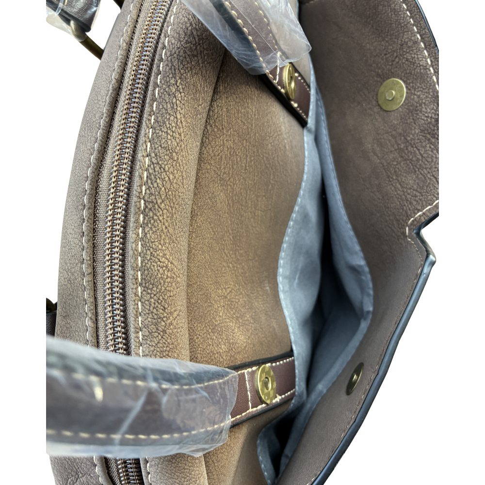 Cotton Road Handbag: COFFEE BROWN PU Leather Dome Shoulder Bag with Black Trim FRONT POCKET