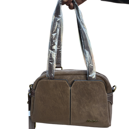 Cotton Road Handbag: COFFEE BROWN PU Leather Dome Shoulder Bag with Black Trim HANGING