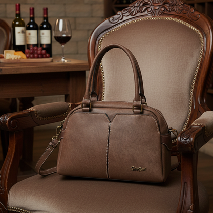 Cotton Road Handbag: COFFEE BROWN PU Leather Dome Shoulder Bag with Black Trim LIFESTYLE