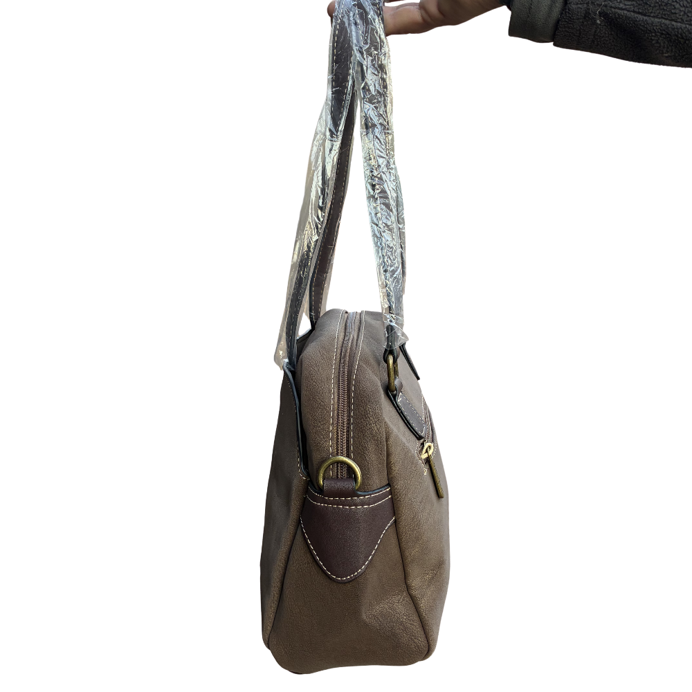 Cotton Road Handbag: COFFEE BROWN PU Leather Dome Shoulder Bag with Black Trim SIDE