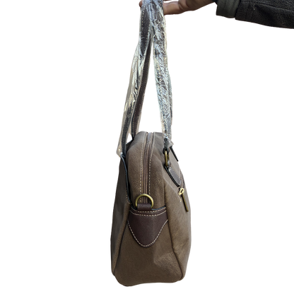 Cotton Road Handbag: COFFEE BROWN PU Leather Dome Shoulder Bag with Black Trim SIDE