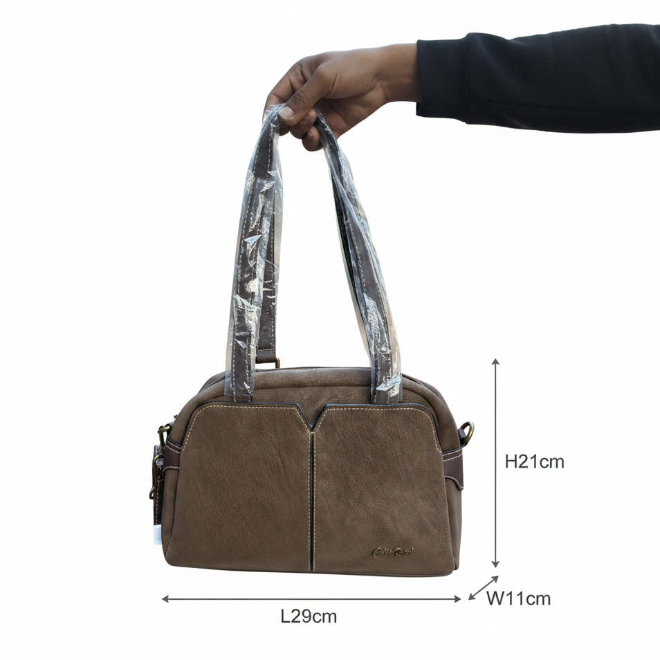 Cotton Road Handbag: COFFEE BROWN PU Leather Dome Shoulder Bag with Black Trim SIZE