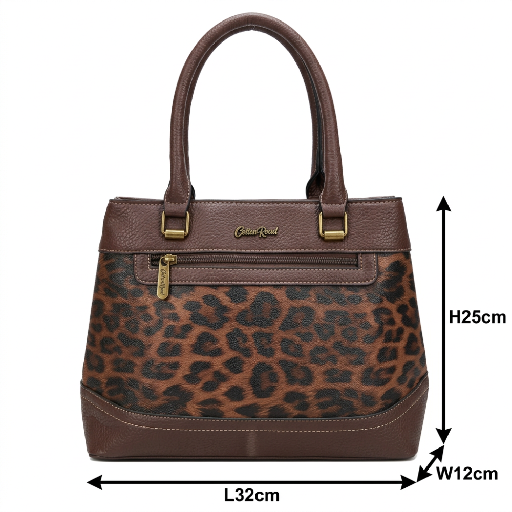 Cotton Road Handbag: COFFEE BROWN PU Leather Trapeze Tote with LEOPARD PRINT SIZE VIEW
