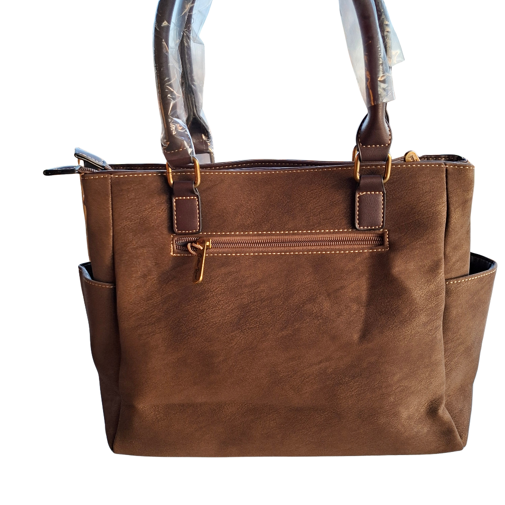 Cotton Road Handbag: COFFEE BROWN Soft PU Leather Double Compartment bag back view