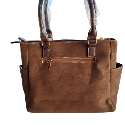 Cotton Road Handbag: COFFEE BROWN Soft PU Leather Double Compartment bag back view