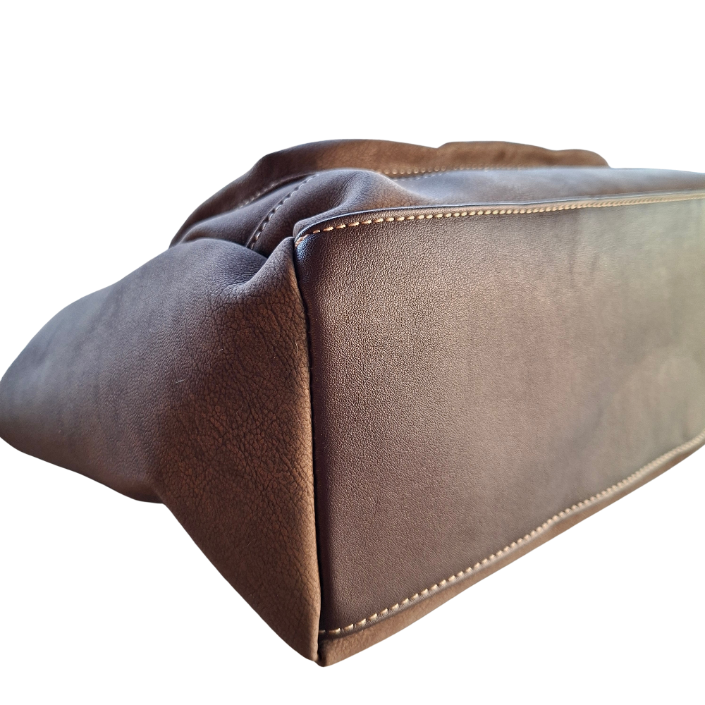 Cotton Road Handbag: COFFEE BROWN Soft PU Leather Double Compartment bag bottom