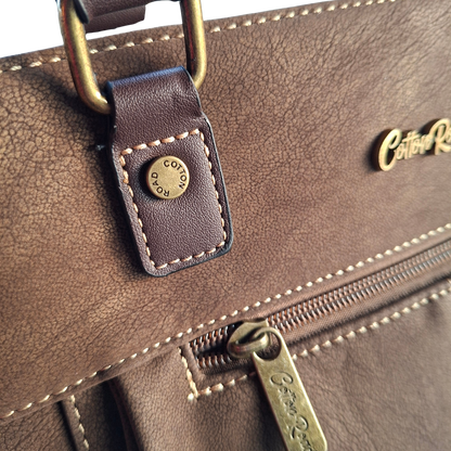 Cotton Road Handbag: COFFEE BROWN Soft PU Leather Double Compartment bag detail