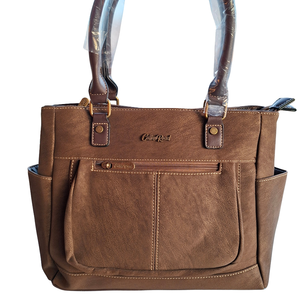 Cotton Road Handbag: COFFEE BROWN Soft PU Leather Double Compartment bag front