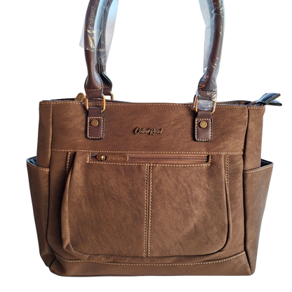 Cotton Road Handbag: COFFEE BROWN Soft PU Leather Double Compartment bag front