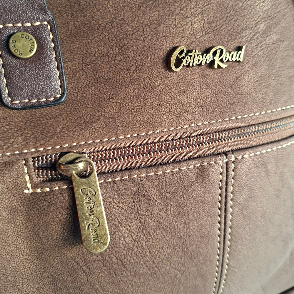 Cotton Road Handbag: COFFEE BROWN Soft PU Leather Double Compartment bag front detailing