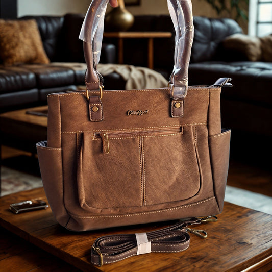 Cotton Road Handbag: COFFEE BROWN Soft PU Leather Double Compartment bag lifestyle