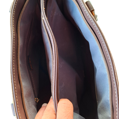 Cotton Road Handbag: COFFEE BROWN Soft PU Leather Double Compartment bag open top
