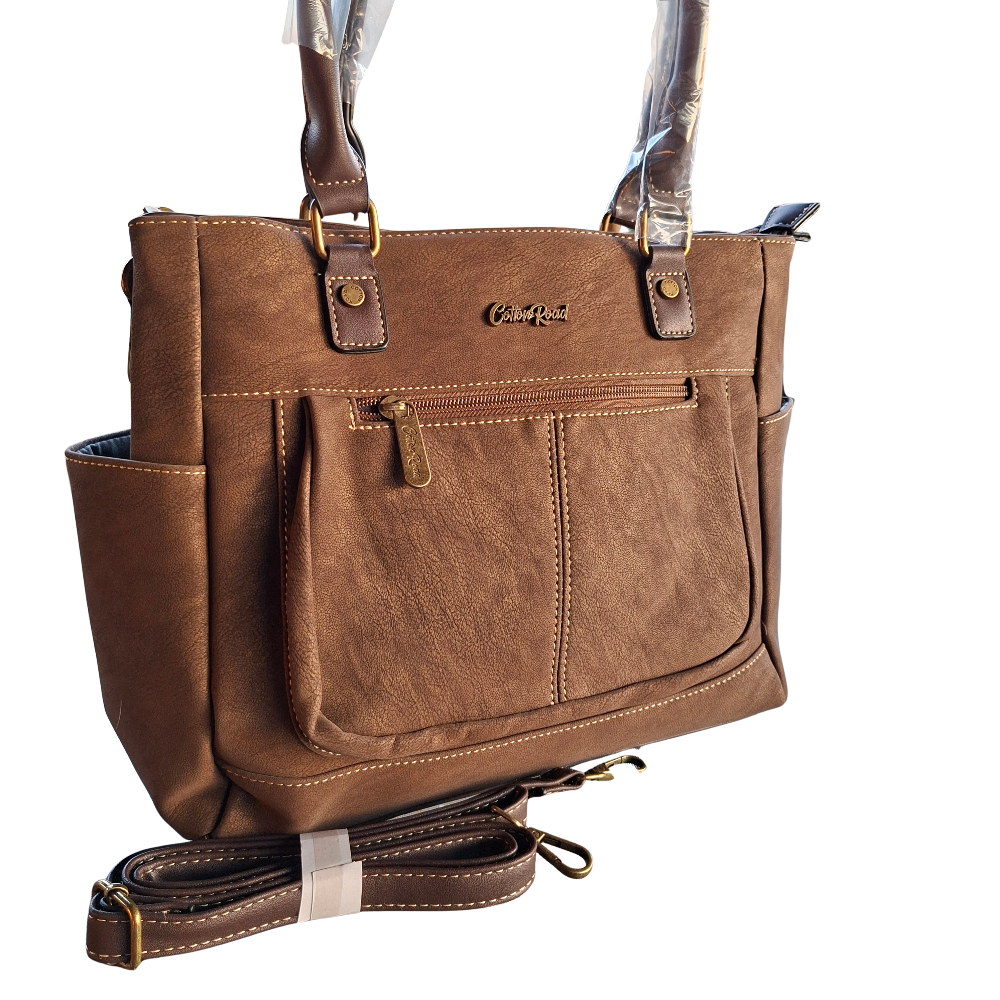 Cotton Road Handbag: COFFEE BROWN Soft PU Leather Double Compartment bag set