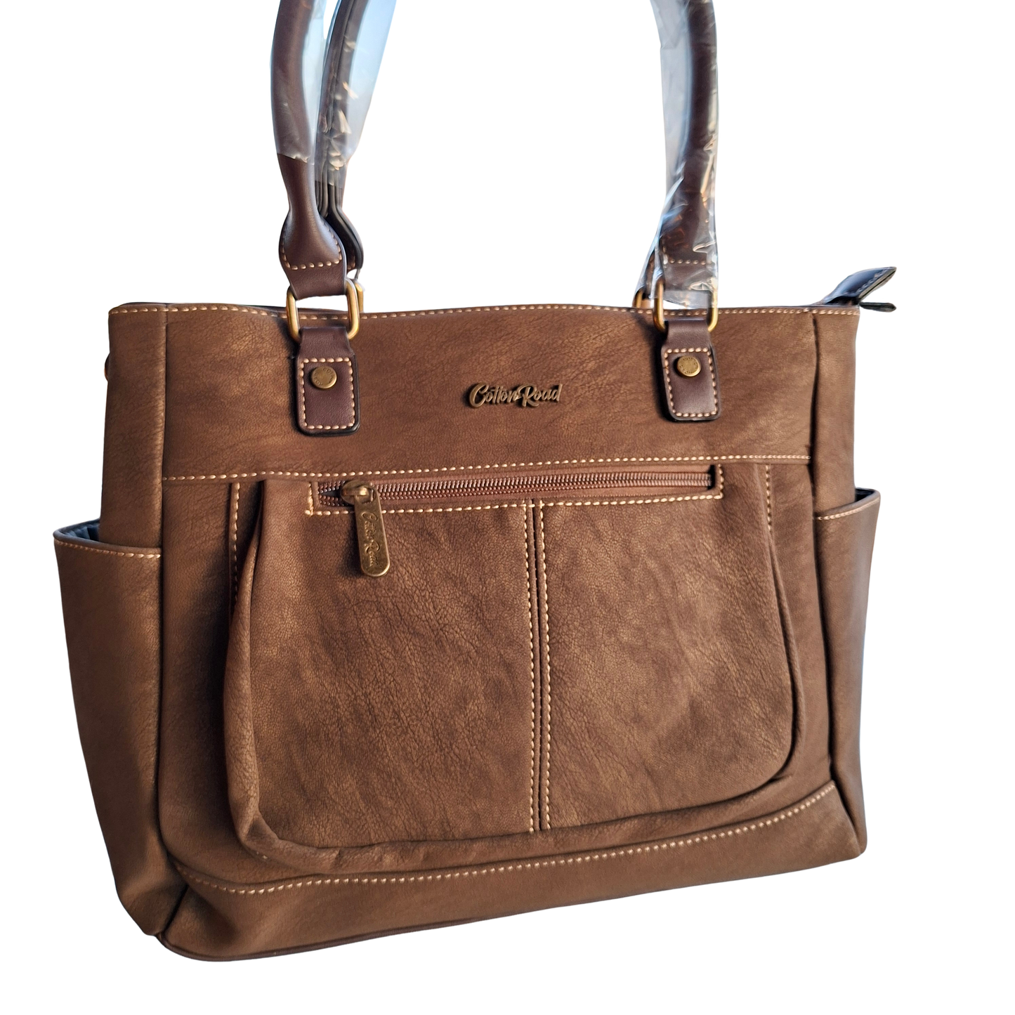 Cotton Road Handbag: COFFEE BROWN Soft PU Leather Double Compartment bag side 