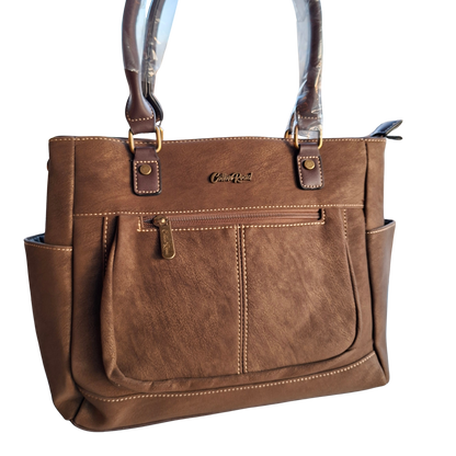 Cotton Road Handbag: COFFEE BROWN Soft PU Leather Double Compartment bag side 