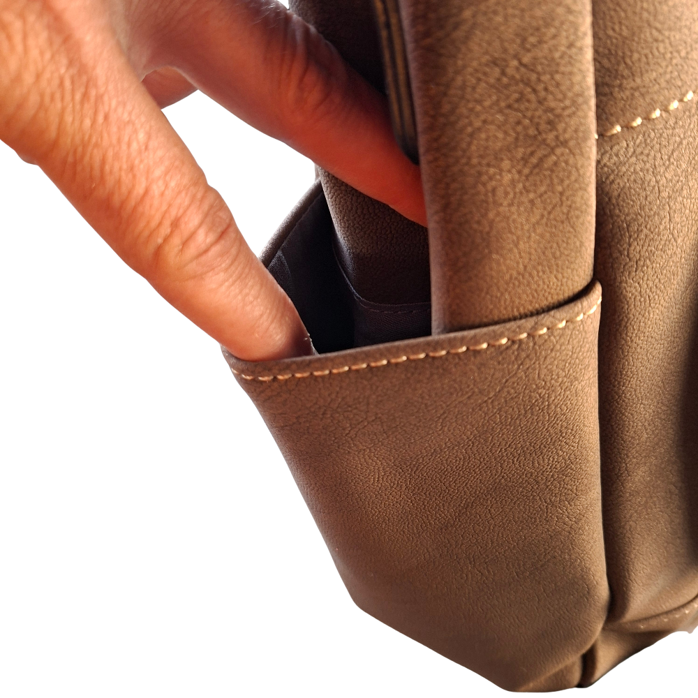 Cotton Road Handbag: COFFEE BROWN Soft PU Leather Double Compartment bag side detailing