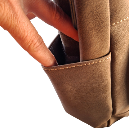 Cotton Road Handbag: COFFEE BROWN Soft PU Leather Double Compartment bag side detailing