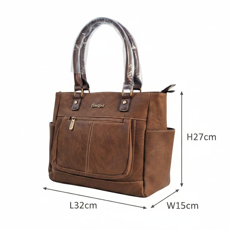 Cotton Road Handbag: COFFEE BROWN Soft PU Leather Double Compartment bag size