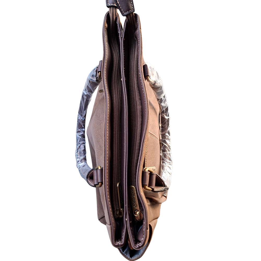 Cotton Road Handbag: COFFEE BROWN Soft PU Leather Double Compartment bag top