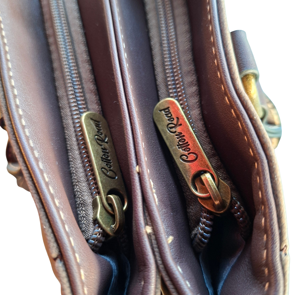 Cotton Road Handbag: COFFEE BROWN Soft PU Leather Double Compartment bag zip detailing
