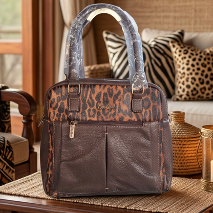 Cotton Road Handbag: COFFEE YELLOW PU Leather with Leopard Print hero