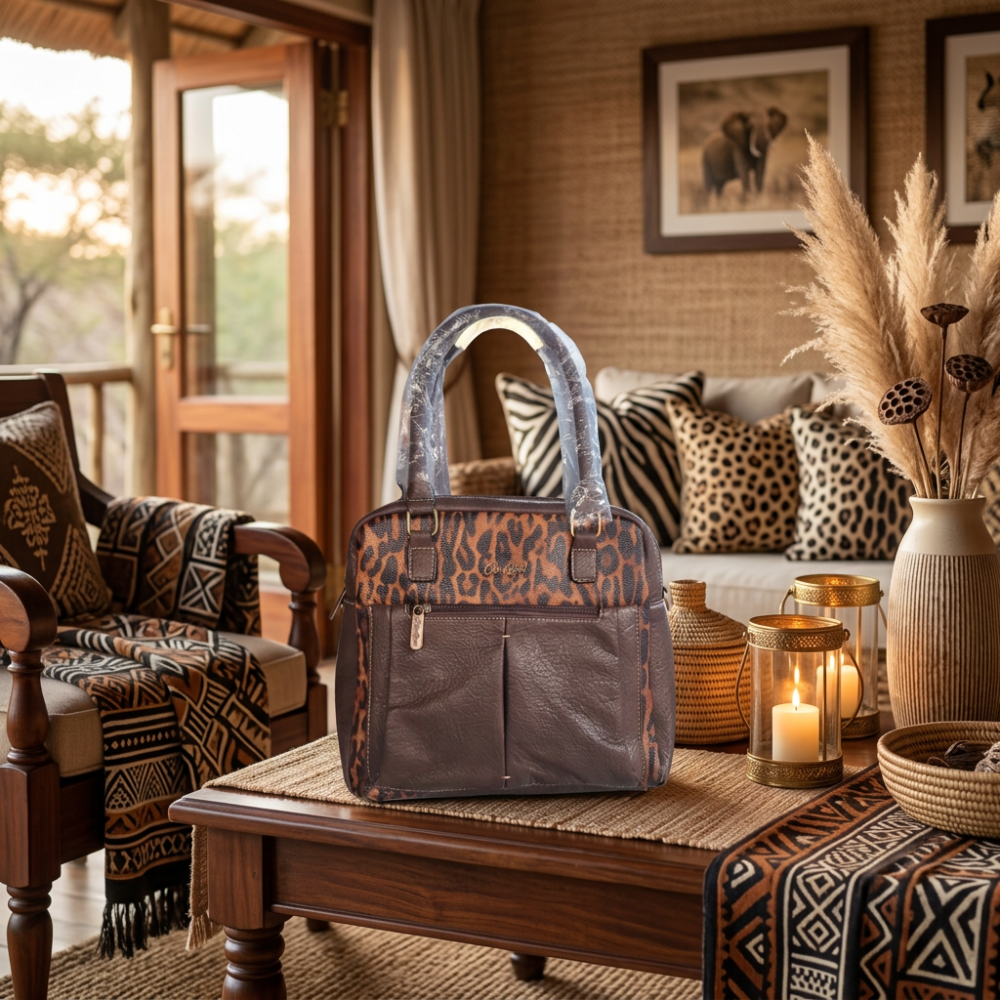Cotton Road Handbag: COFFEE YELLOW PU Leather with Leopard Print lifestyle