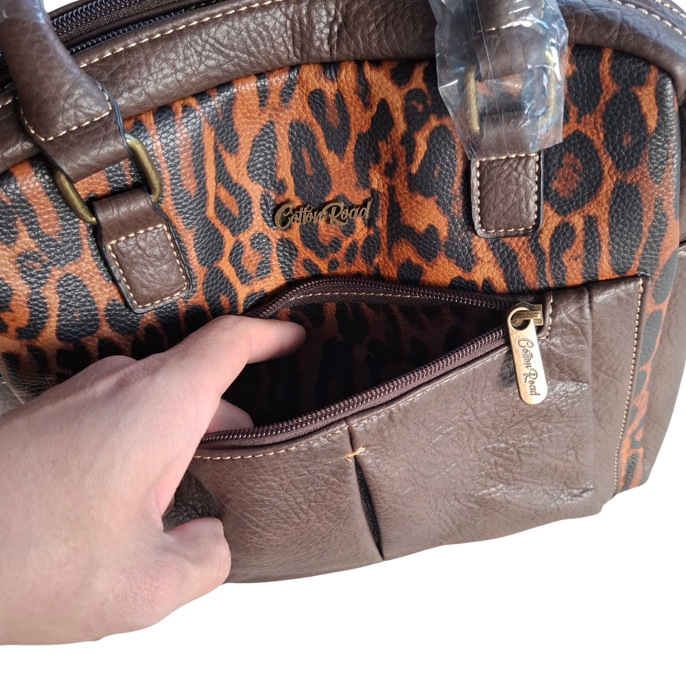 Cotton Road Handbag: COFFEE YELLOW PU Leather with Leopard Print open front pocket view zoom