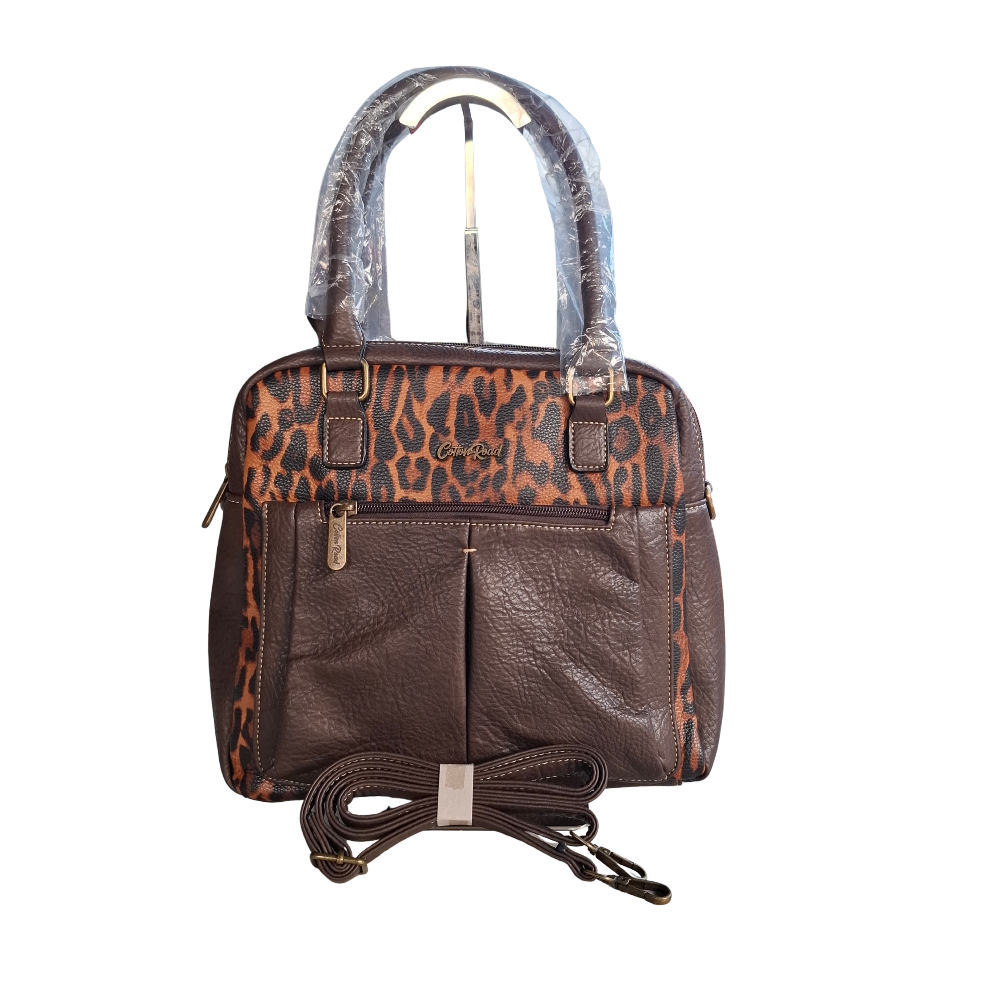 Cotton Road Handbag: COFFEE YELLOW PU Leather with Leopard Print set