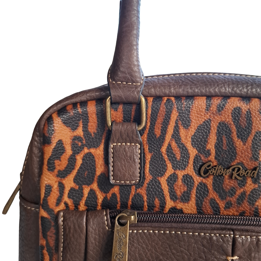 Cotton Road Handbag: COFFEE YELLOW PU Leather with Leopard Print zoom