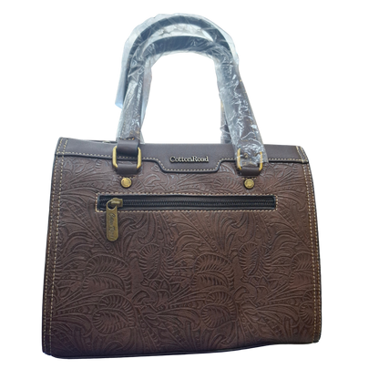Cotton Road Handbag: Classic-Style COFFEE BROWN PU Leather with Embossed Pattern