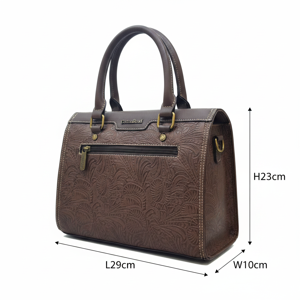 Cotton Road Handbag: Classic-Style COFFEE BROWN PU Leather with Embossed Pattern