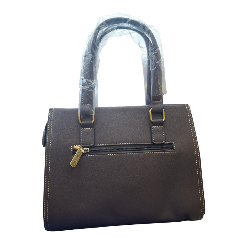 Cotton Road Handbag: Classic-Style COFFEE BROWN PU Leather with Embossed Pattern BACK VIEW