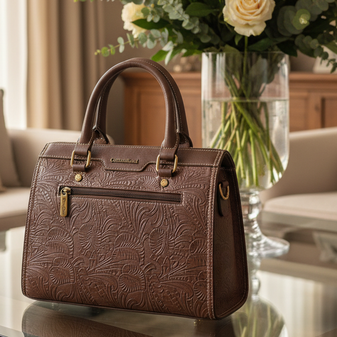 Cotton Road Handbag: Classic-Style COFFEE BROWN PU Leather with Embossed Pattern HERO