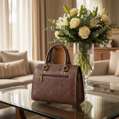 Cotton Road Handbag: Classic-Style COFFEE BROWN PU Leather with Embossed Pattern LIFESTYLE