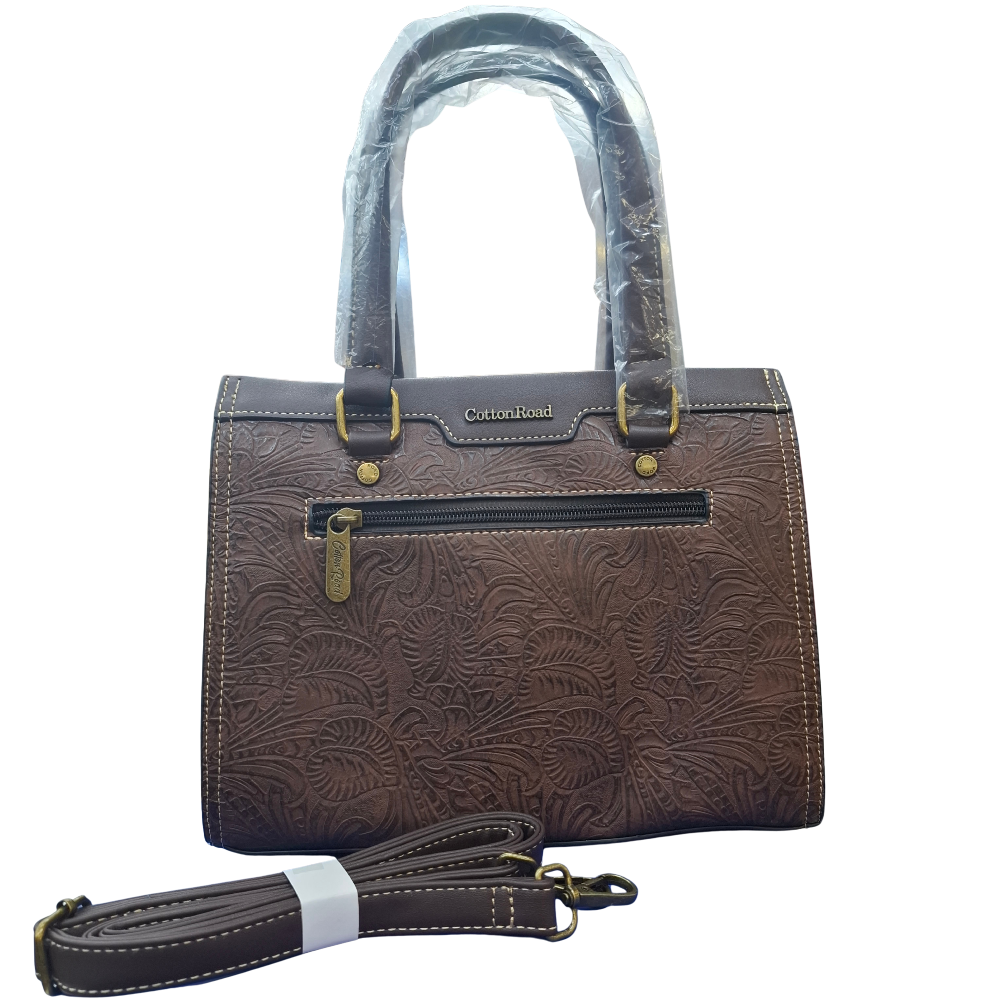 Cotton Road Handbag: Classic-Style COFFEE BROWN PU Leather with Embossed Pattern SET