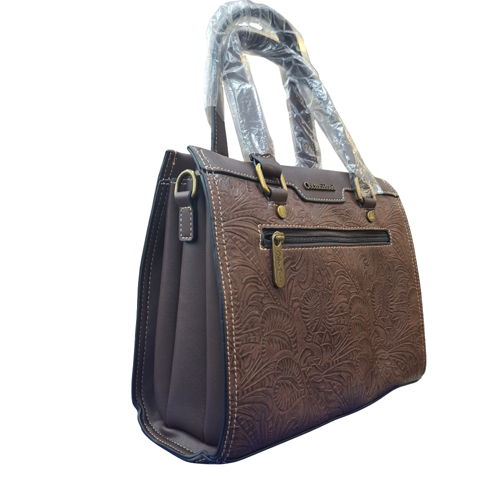 Cotton Road Handbag: Classic-Style COFFEE BROWN PU Leather with Embossed Pattern SIDE